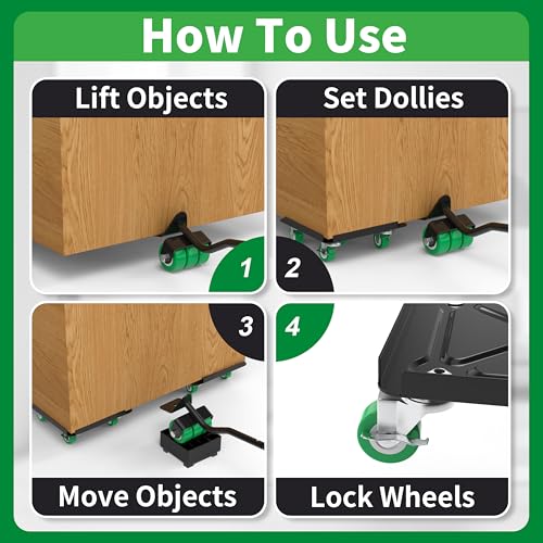 Heavy Duty Furniture Dolly 360 Rotate 5 Wheels 3000 Lbs Capacity 5.3x5.3 in | Furniture Movers with Green Wheels, 6 Sliders, Alloy Steel Furniture Lifter Tool for Smooth Home & Office Uses - color: Green, size: 5.3x5.3 IN-6 Sliders