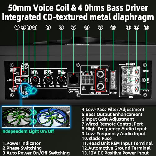 Upgraded 1600W Car Subwoofer, 10" Ultra-Thin Under-Seat Sub with Built-in Amplifier, (LPF/Gain/Bass Boost) LED Ambient Lights, Independent Bass Knob, Distortion-Free Deep Bass（Green） - color: Green ZZA