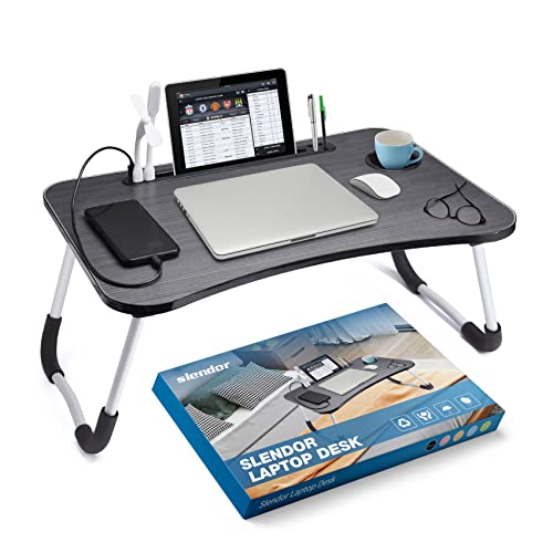 Slendor Foldable Lap Desk with Cup Holder for Bed, Couch, Floor | Portable,with USB Light, Fan, Pen Holder,Tablet Holder,for Laptop,Writing,Eating, Black - color: Black