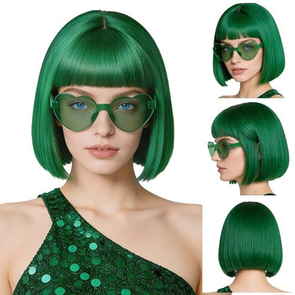 Short Bob Straight Hair Wigs with Bangs, Heat Resistant Fiber Hair, Heart-shaped Glasses for Women (Green) - color: Green