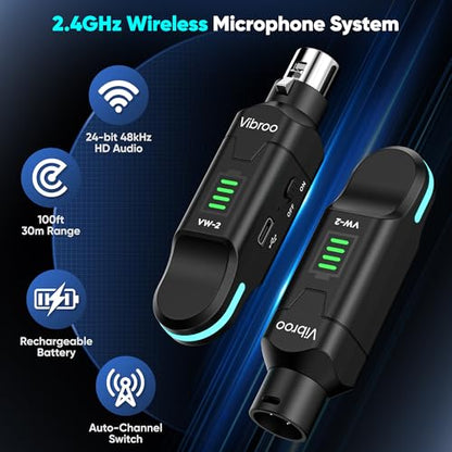 Wireless XLR Transmitter and Receiver | 2.4GHz Wireless Microphone System, 100ft Range, 48V Phantom Power, Ultra-Low Latency