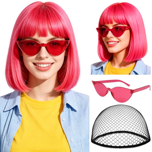 Short Bob Straight Hair Wigs with Bangs, Heat Resistant Fiber Hair, Cat Eye Glasses for Women (Hot Pink) - color: Hot Pink