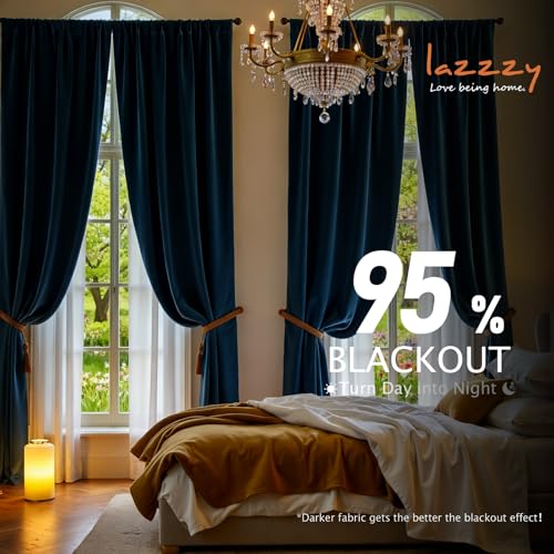 Lazzzy Blackout Dark Blue Velvet Curtains Rod Pocket 52×96 Inch 2 Panels - color: R | Dark Blue, size: 52"W x 96"L (Pack of 2)