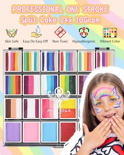 Professional Washable 24x10gm Face Paint for Kids & Adults,Water Based One Stroke Split Cake Face Painting Kit with Brushes,Non toxic ,Ideal for Easter/Parties/Halloween/Carnival - color: Multicolor