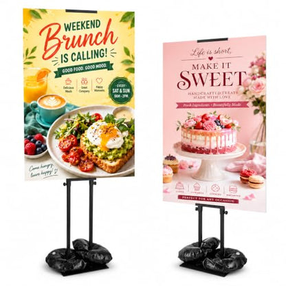 2 Pack Poster Stands for Display, Double Sided Sign Holder with Water Bags | 83 in max height; fits boards 11.8-75 in adjustable high, max 40 in wide and max 0.31 in thick; 4 fillable water bags