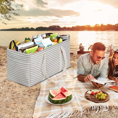 LHZK Standing Extra Large Utility Tote Bag with Metal Wire Frame and the Sides Rinforced, Extra Large Tote Bag with Handle, Reusable Grocery Bags Foldable, Beach Bag, Car Tote (Gray) | 22.5×10.5×12 inch - color: Gray, size: 22.5''x10.5''x12''-1 Pack
