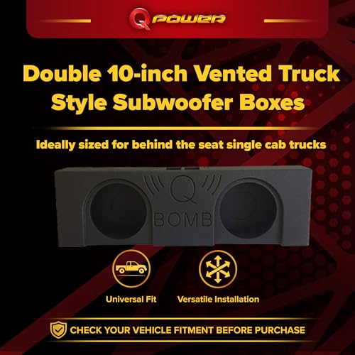 Q Power QBomb Double 10 Inch 34 Hertz Frequency Vented Ported Subwoofer Enclosure Speaker Box with Black Bed Liner Spray and Terminal Cup Connectors - style: 10" Dual QBOMB