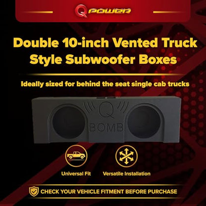 Q Power QBomb Double 10 Inch 34 Hertz Frequency Vented Ported Subwoofer Enclosure Speaker Box with Black Bed Liner Spray and Terminal Cup Connectors - style: 10" Dual QBOMB
