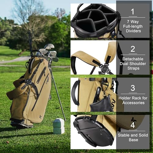 KVV Lightweight Golf Stand Bag with 7 Way Full-Length Dividers, 5 Zippered Pockets, Automatically Adjustable Dual Straps，Elegant Design - color: Khaki