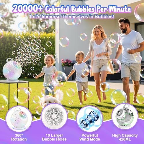 Bubble Machine with Remote Control, 360° Automatic Rotation & 7 RGB Lights Rechargeable Bubbles Machine for Kids Boys Girls, Portable Bubble Machine for Parties Wedding Birthday Outdoor