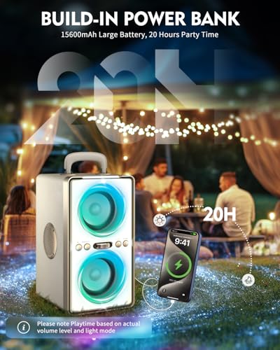 YIER Bluetooth Speaker, 240W Peak Loud Party Speaker with Big Bass, 20H Playtime, TWS, BT5.3, Large Portable Wireless Boom Box with LED Light for Outdoor Backyard Beach Home (Leather White) - color: Leather White
