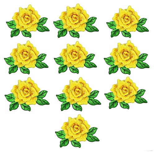 10 Pieces 3D Rose Embroidered Patch Flower Sew on Patches Applique Sewing Crafts Kit for Clothes Jeans Jackets Bags DIY Embellishments Decorations (Yellow) - color: Yellow