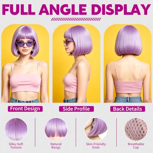Short Bob Straight Hair Wigs with Bangs, Heat Resistant Fiber Hair, Cat Eye Glasses for Women (Pink-Purple) - color: Pink-Purple