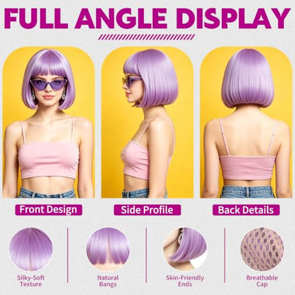 Short Bob Straight Hair Wigs with Bangs, Heat Resistant Fiber Hair, Cat Eye Glasses for Women (Pink-Purple) - color: Pink-Purple