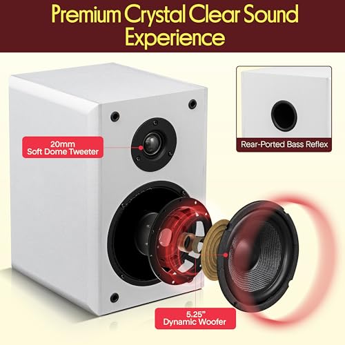 Pyle 5.25” Wired Bookshelf Speakers Pair – 2-Way HiFi Home Theater Stereo Speakers with Soft Dome Tweeter, Paper Cone Woofer & Wall Mount Brackets – Compact Speaker System, White - color: White, size: 5.25 inch