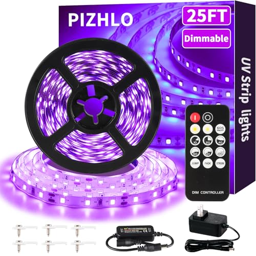 25 Foot Black Light Strips & Remote, Dimmable Flexible Blackights Strip Lights 450 LEDs for Glow Party Body Paint Birthday Bedroom Room Fluorescent Tapestry Poster, Non-Waterproof - size: 7.6 m