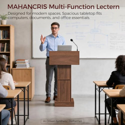 MAHANCRIS Podium Stand, Lectern with 4-Tier Storage, Pulpit with Reinforced Base for Church, Laptop Desk for Classroom, Office, Meeting Room, Easy Assembly, Walnut LPWA5801