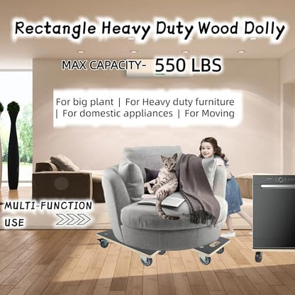 Furniture Dolly 4 Wheels, Furniture Movers, 2 Packs 2200 lb Load Capacity Heavy Duty Wood Dolly, Multifunctional Moving Dolly with 4 Soft Rubber Silent Wheels （2 with Brake+ 2 Without） - size: Rectangle Furniture Dolly with TPR Brake Wheels