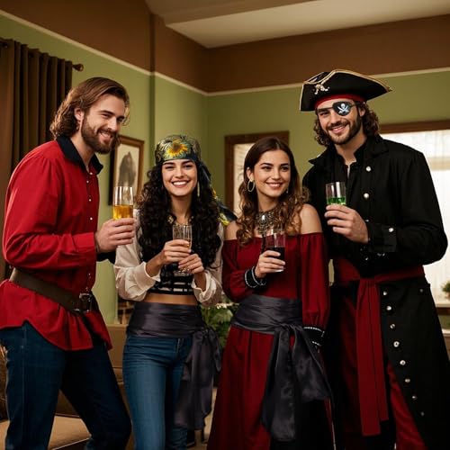 Women Pirate Costume Accessories Set|Headscarf Wrap Hat Sash Belt Cosplay Outfit With Stainless Steel Earring Necklace - style: 5 Pcs Pirate Set - Black Pirate Lace Necklace Set