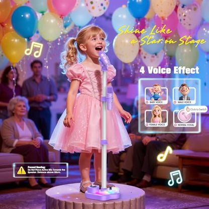 Stand Karaoke Machine for Kids, Singing Toys Gifts for 3 4 5 6 7 8 Year Old Girls Boys, Rechargeable Kid Microphone Bluetooth Speaker with 2 Wireless Mic for Girl Age 4-6 Toddler Birthday Party Toy - color: Purple
