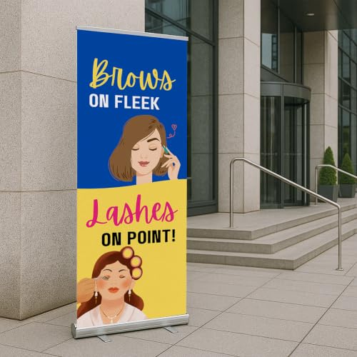Lashes & Brows Retractable Stand Banner by DC | 33"x81" Roll-Up Display | Brows on Fleek Lashes on Point Vertical Pull-Up Banner for Trade Shows & Events | Made in USA | (Stand Not Included) - color: Brows on Fleek Lashes on Point, size: Retractable Banne