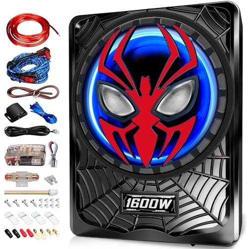 2026 Upgraded 1600W Car Subwoofers, 10" Ultra-Thin Powered Under-Seat Subs with Built-in Amplifier, (LPF/Gain/Bass Boost) RGB Ambient Lights, Independent Bass Knob, High Output Distortion-Free Audio - color: Red MJHS