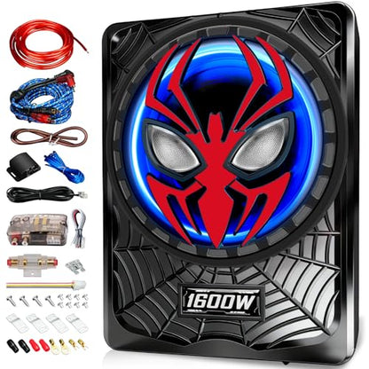2026 Upgraded 1600W Car Subwoofers, 10" Ultra-Thin Powered Under-Seat Subs with Built-in Amplifier, (LPF/Gain/Bass Boost) RGB Ambient Lights, Independent Bass Knob, High Output Distortion-Free Audio - color: Red MJHS