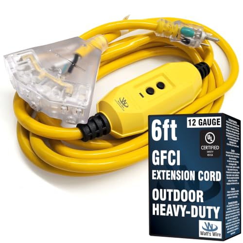 6 ft GFCI Extension Cord - Outdoor Extension Cord - Heavy Duty Outdoor Extension Cords 6 ft with Multiple Outlets - Watt's Wire - 6' Grounded - GFI Cord - size: 6 Ft