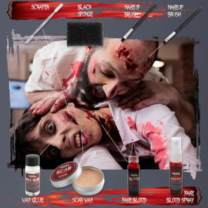 Festicy Halloween SFX Makeup Kit 2024 I Washable Fake Blood, Scar Wax, Fake Blood Spray I Perfect for Halloween Blood I Halloween makeup kit, Zombie makeup kit, Vampire makeup kit, Vampire blood
