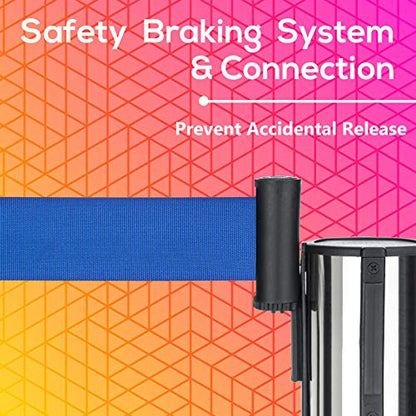 DuraSteel Crowd Control Barriers Line Dividers - Silver Stanchion Stainless Steel Posts with 6.5ft Blue Retractable Belt Ropes - for Store Queues, Airport Lines, Event Entries - 2 Set/Pack - color: Blue Belt, style: Silver Stanchion 2 Pieces Set