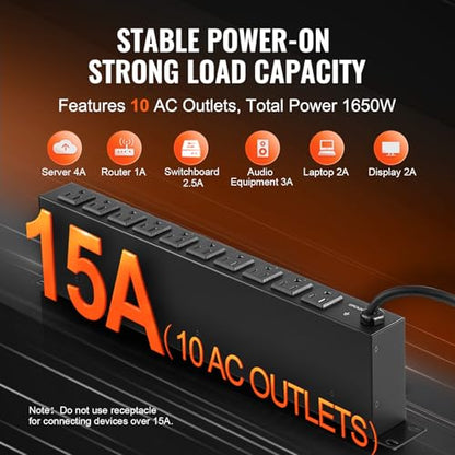VEVOR 10 Outlet Horizontal 1U Rack Mount PDU Power Strip for Network Server Racks, 10 Individual Led Switches Surge Protection & Overload Protection, 110-125V/15A, with 6ft 14AWG Power Cord - style: 10 Outlet-Individual Switches