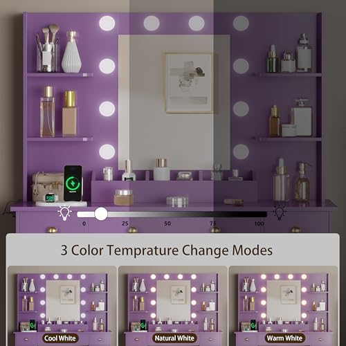 HUANLEGO Vanity Desk with Mirror and Lights, Makeup Vanity with Mirror and LED Lights & Power Outlet, 3 Drawers and Cabinets, 3 Lighting Modes Dressing Table Set for Girls Women Bedroom,Purple - size: 43.7x15.7x57.6 in, style: Purple