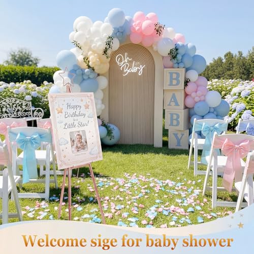 RattanView Adjustable Rose Gold Easel Stand for Sign with 3 Toppers 62" | Metal Display for Wedding Board Poster Picture, Bow Star Heart Toppers, Sturdy Tripod for Paintings Photos Art