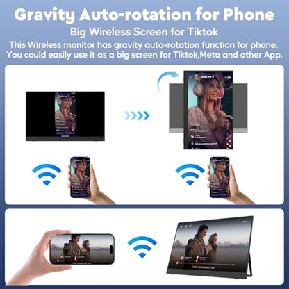 17.3" 2.5K Wireless Portable Monitor with Built‑in 8000mAh Battery 4H, AirPlay & Miracast, 2560x1400 IPS Matte HDR, 125% sRGB, 500 Nits, VESA, Auto Rotation for Phone/Tablet, USB‑C & Mini HDMI - size: 17.3