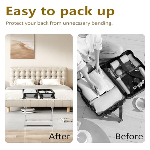 Acrylic Luggage Rack for Guest Room,Folding Luggage Rack with Leather Straps,Holds up to 120 lbs Suitcase Stand for Bedroom, Living Room and Hotel (Beige Leather)