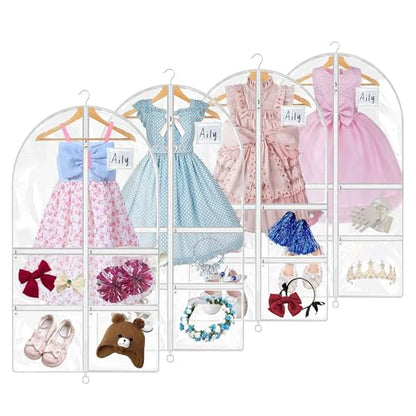 4 Pack 40" Clear Dance Garment Bags for Costumes Hanging, with 4 Medium Clear Zipper Pockets and 1 Large Back Zipper Pocket, Clothes Protector Cover for Travel Competition [Upgraded Version]