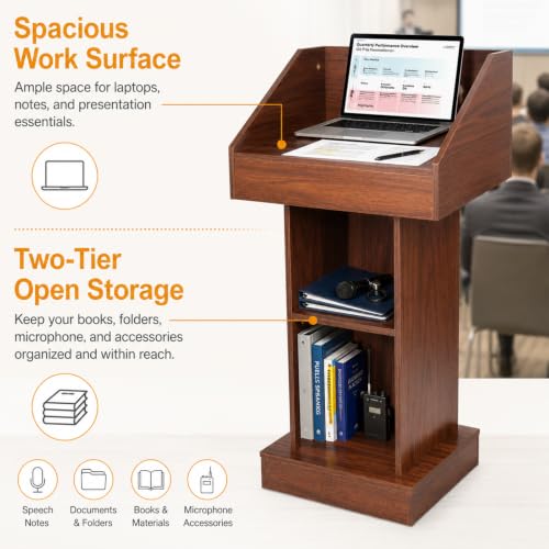 Wood Podium, Floor Standing Podium Speaking Lectern Stand, Portable Podium Stand with Storage, Wooden Podium Pulpit for Churches Classroom Office - size: Without Wheels