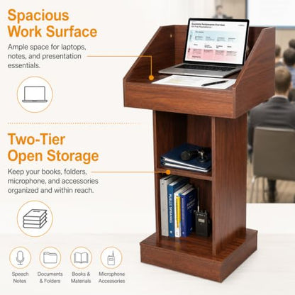 Wood Podium, Floor Standing Podium Speaking Lectern Stand, Portable Podium Stand with Storage, Wooden Podium Pulpit for Churches Classroom Office - size: Without Wheels