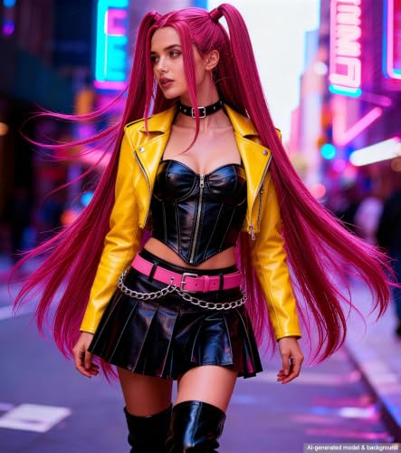 Hot Pink Cosplay Wig for Adults, Long Straight Wig with 2 Ponytails | Long hot pink synthetic hair wig for anime cosplay, Halloween, carnival, costume parties, and adult dress-up looks. - color: Pink