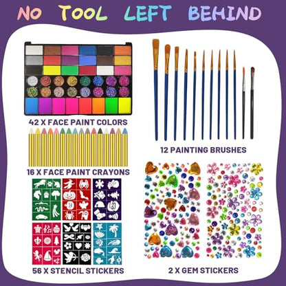 SAM SUGAR Face Painting for Kids 42 Colors Non-Toxic Vibrant Colors Professional kids face painting with 16 Crayons 56 Sticky Stencils 12 Paint Brushes for Halloween Parties