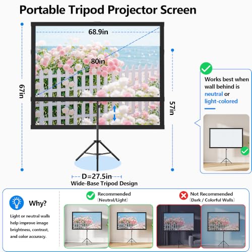 Portable Projector Screen with Tripod Stand, 80in Projection Screen Outdoor for Backyard, Camping, Washable Cloth Projector Screen with Water Weight Bag, Indoor Movie Screen, 16:9 - size: 80inch
