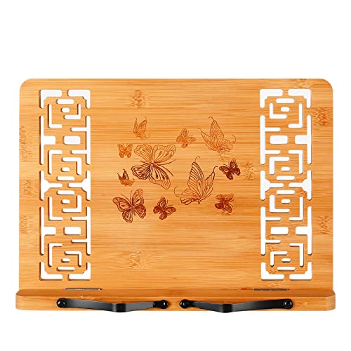 MEGREZ Foldable Bamboo Book Stand Adjustable Cookbook Reading Holder | anti-slip, lightweight, foldable flat storage, textbook tablet laptop, home office, 13.2x9.4in - color: Butterflies