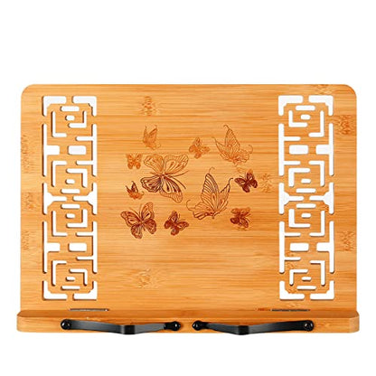 MEGREZ Foldable Bamboo Book Stand Adjustable Cookbook Reading Holder | anti-slip, lightweight, foldable flat storage, textbook tablet laptop, home office, 13.2x9.4in - color: Butterflies