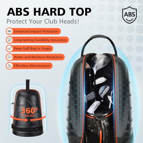 Golf Travel Bags for Airlines with Wheels, Hard Case Top and 1680D Heavy Duty Oxford Protect Golf Clubs, Lightweight and Easy to Maneuver - color: Black & Orange