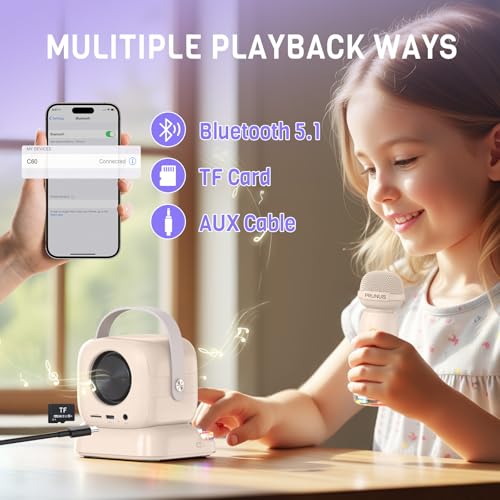 Mini Karaoke Machine with Colorful 7 Piano Keys,Top Christmas Birthday Gifts for 3 4 5 6 7 8 9 10 11 12+ Years Old, Portable Bluetooth Speaker with Wireless Microphone,Boys and Girls Gift-Beige - color: C60-Beige