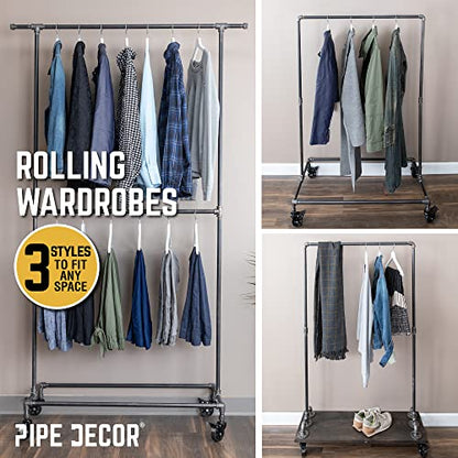 PIPE DECOR 39” x 20 ¼” x 58” Rolling Steel Pipe Clothing Rack, Commercial or Residential Industrial Clothes Display, Heavy Duty Black Steel Metal Wheeled Garment Frame - size: 39 in. x 58 in.
