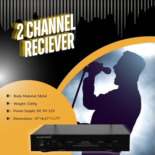 MUSYSIC Professional Wireless VHF Microphone System with Handheld & Lapel | Lavalier Headset for Church, Party, Meetings, Conference, Karaoke (2 - Channel) - size: 2 - Channel