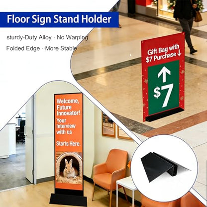 2 Pack Metal Floor Sign Stand Holders for Foam Board & Acrylic Signs | Upward-Flipping Edges, Anti-Deformation, Fits 0.25"-1.5" Thick Board, Up to 72" High, Heavy Duty Black Base Only - color: Black