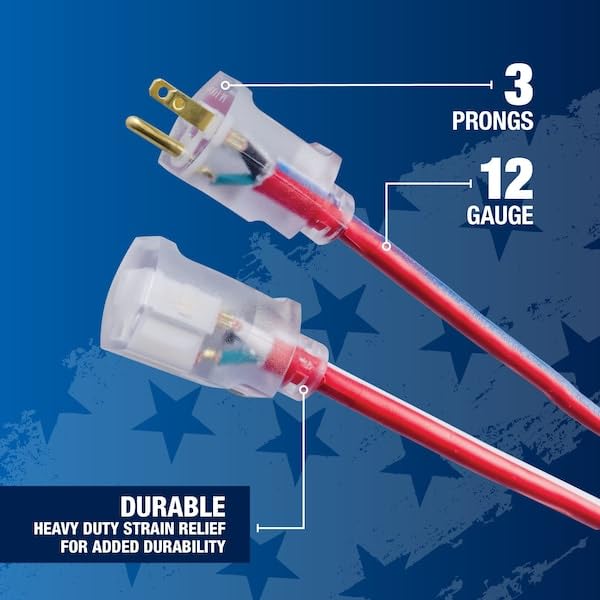 Southwire Heavy Duty Extension Cord, 50Ft, 12 Gauge, 3 Conductor, Outdoor Cord, Lighted End, SJTW, Red/White/Blue, 2548SWUSA1 - size: 50 ft