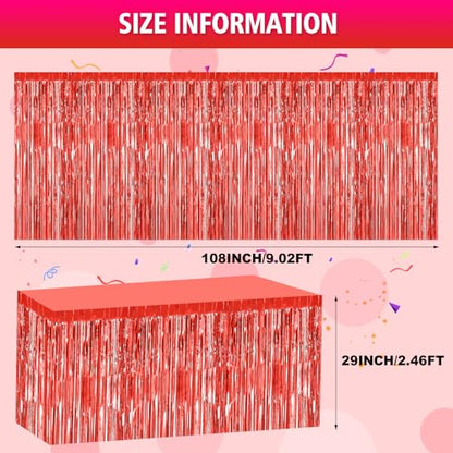 2 Pack 29.5x108 Inch Red Foil Tinsel Fringe Table Skirts, Disposable Table Skirts for Rectangle Tables Curtains Backdrop Parade Wedding Floats Baby Shower Birthday Mardi Gras Party - color: Red